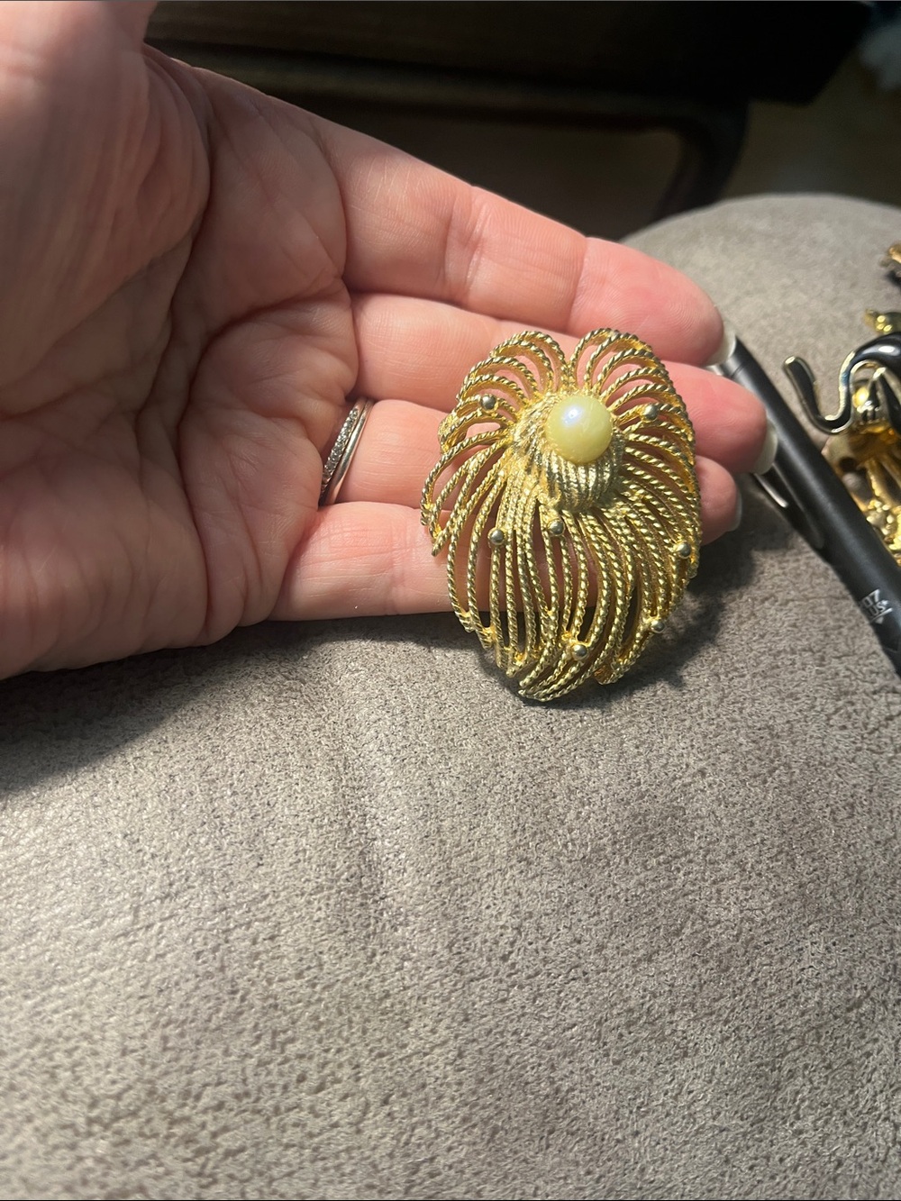 Caroline Gold-Tone waterfall Swirl Statement Brooch with Pearl Accent